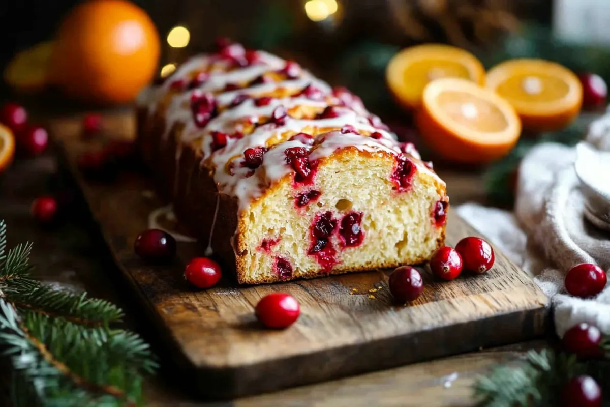 Slices of cranberry orange Christmas bread drizzled with glaze.