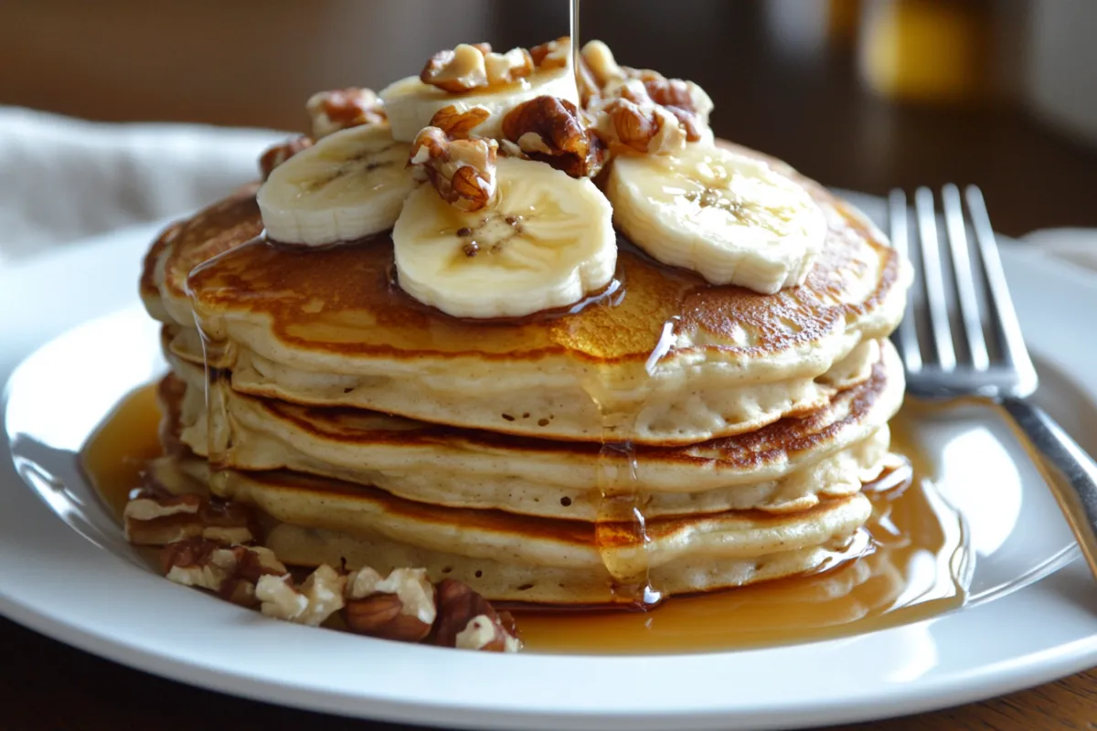 Fluffy banana pancakes topped with sliced bananas and maple syrup.