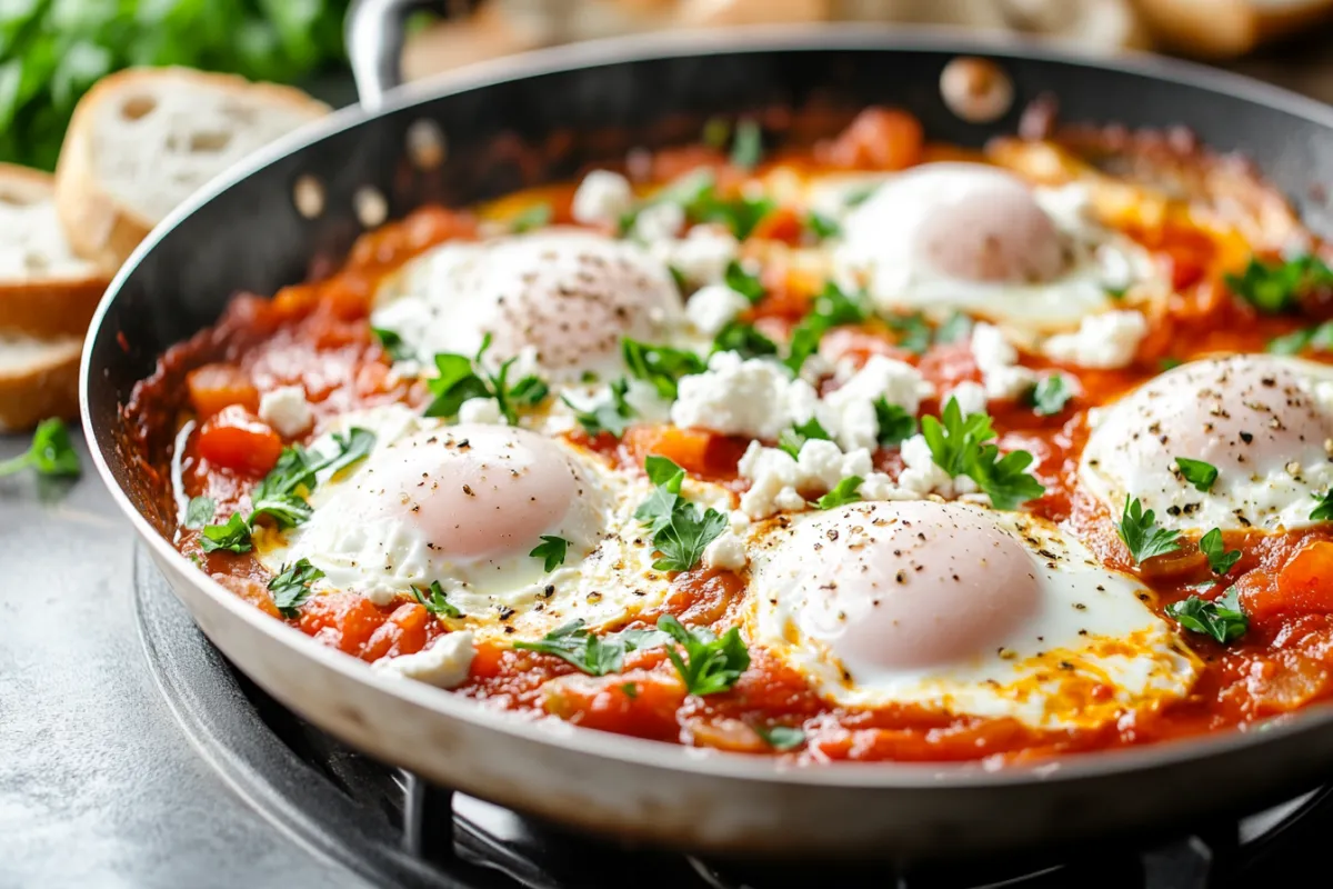 Shakshuka with poached eggs in a tomato sauce skillet