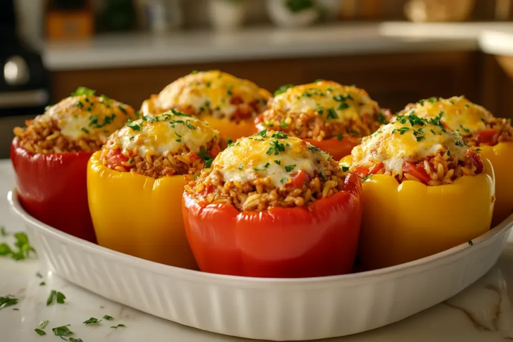 Colorful stuffed bell peppers filled with seasoned ground beef and rice, topped with melted cheese, served hot in a baking dish.