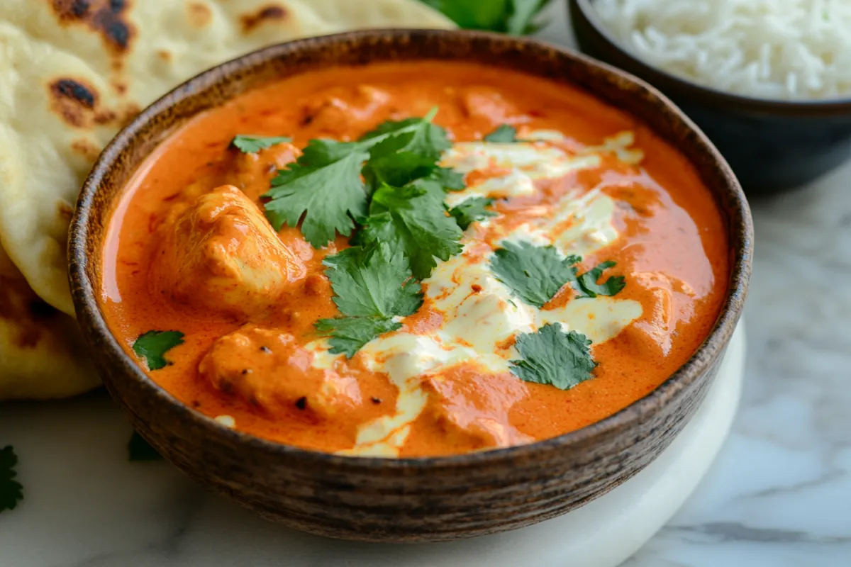 Butter Chicken in creamy tomato sauce garnished with cilantro