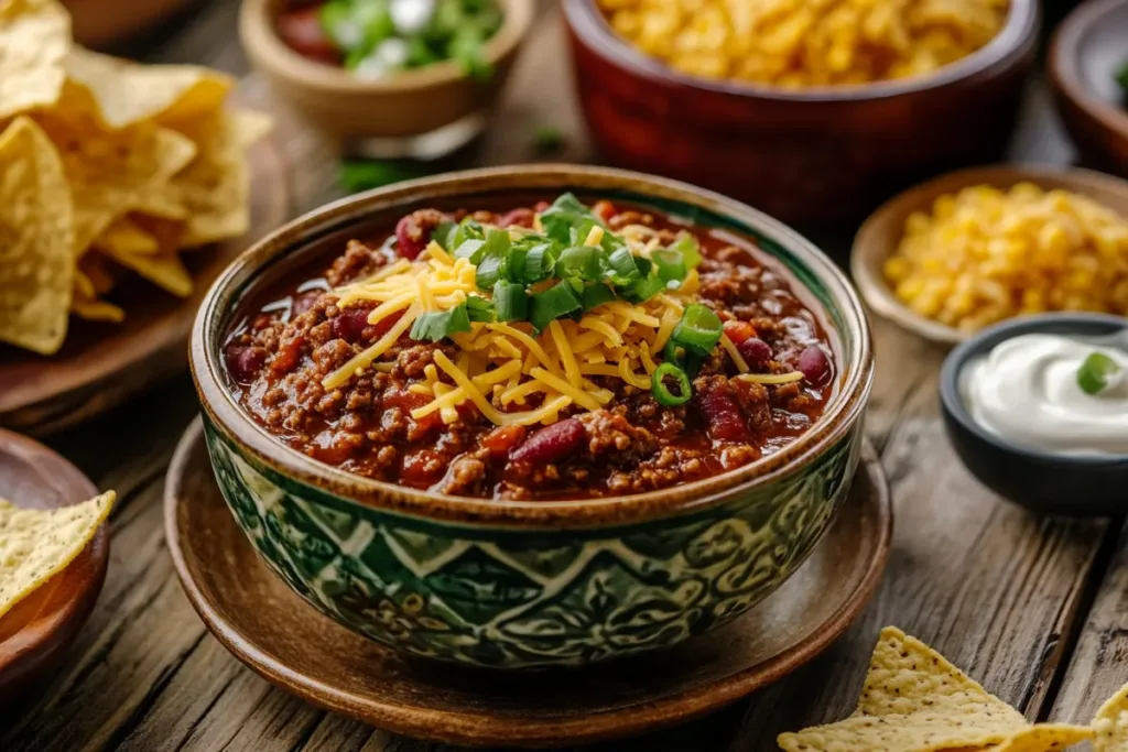 Bowl of hearty chili con carne with toppings like cheese, jalapeños, and cilantro