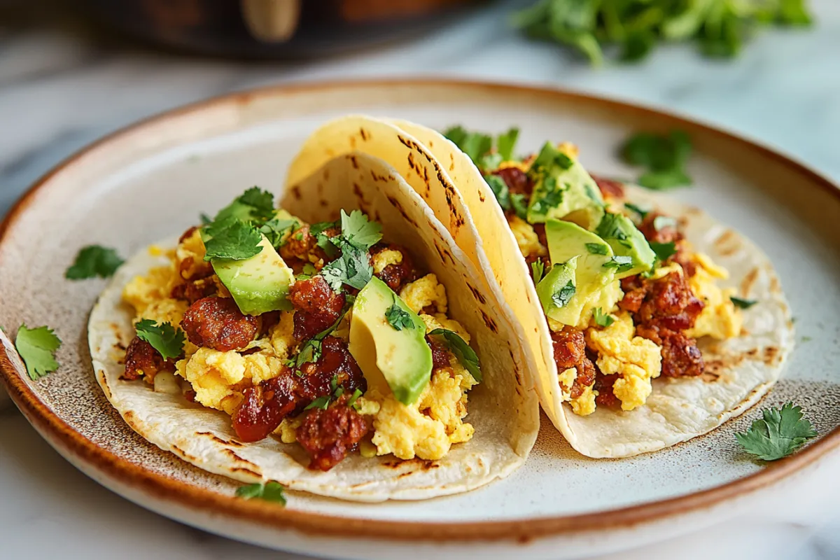 Classic breakfast tacos with scrambled eggs, chorizo, cheese, and avocado