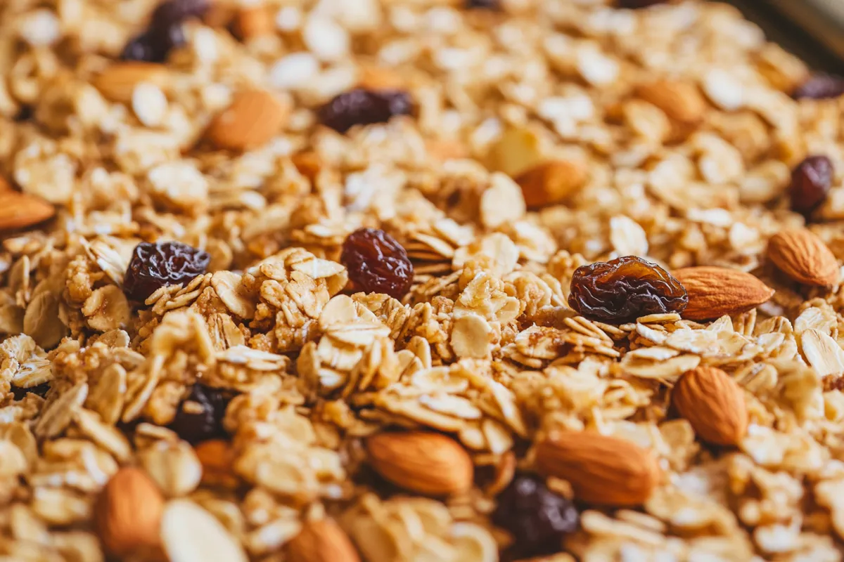 A bowl of homemade granola with oats, nuts, and dried fruit