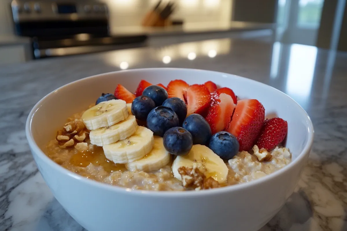 Bowl of oatmeal topped with fresh fruit like strawberries, blueberries, and banana slices