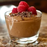 A rich, creamy chocolate avocado mousse garnished with dark chocolate shavings and fresh raspberries.