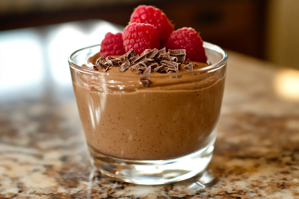 A rich, creamy chocolate avocado mousse garnished with dark chocolate shavings and fresh raspberries.