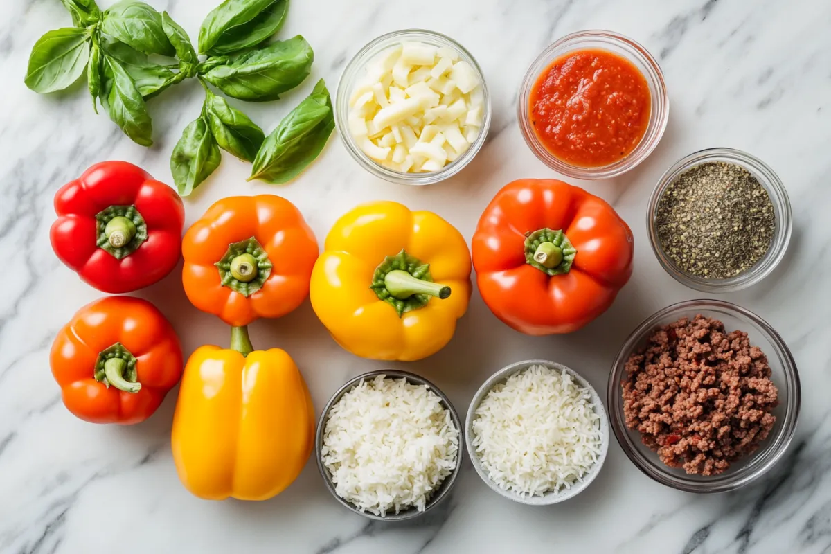 Colorful stuffed bell peppers filled with seasoned ground beef and rice, topped with melted cheese, served hot in a baking dish.