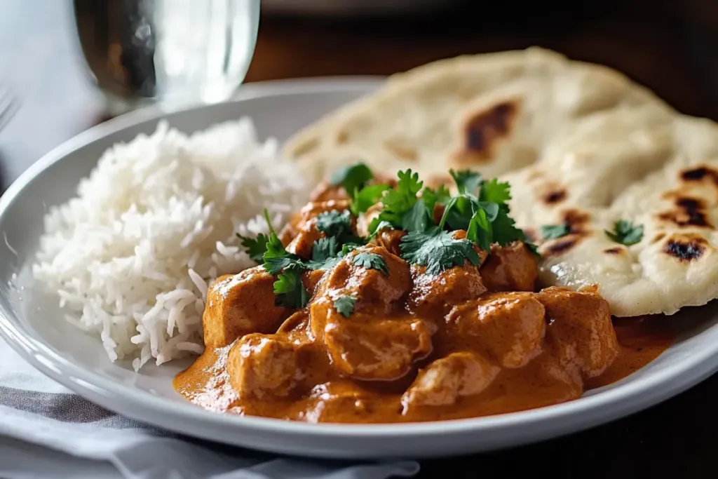 Butter Chicken in creamy tomato sauce garnished with cilantro