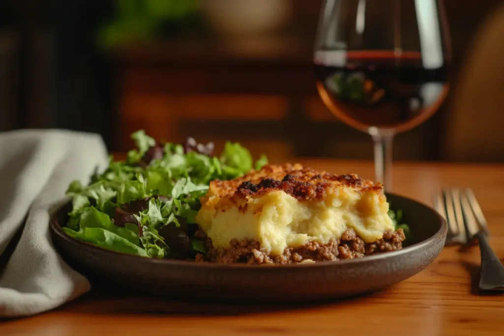 Shepherd's Pie with creamy mashed potatoes and savory meat filling, garnished with fresh thyme