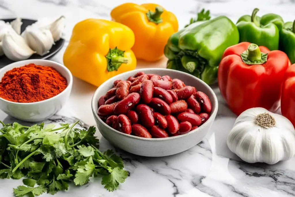 Bowl of hearty chili con carne with toppings like cheese, jalapeños, and cilantro