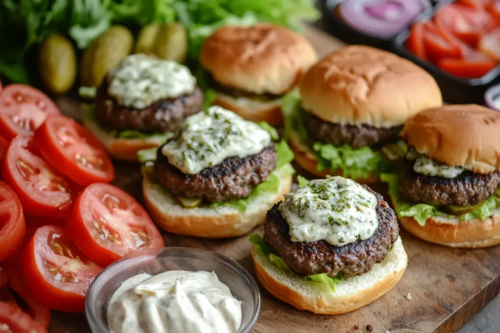 Delicious cheesy garlic herb beef sliders with fresh herbs and cheese.