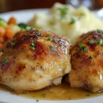 Plate of Steakhouse Garlic Butter Chicken garnished with herbs