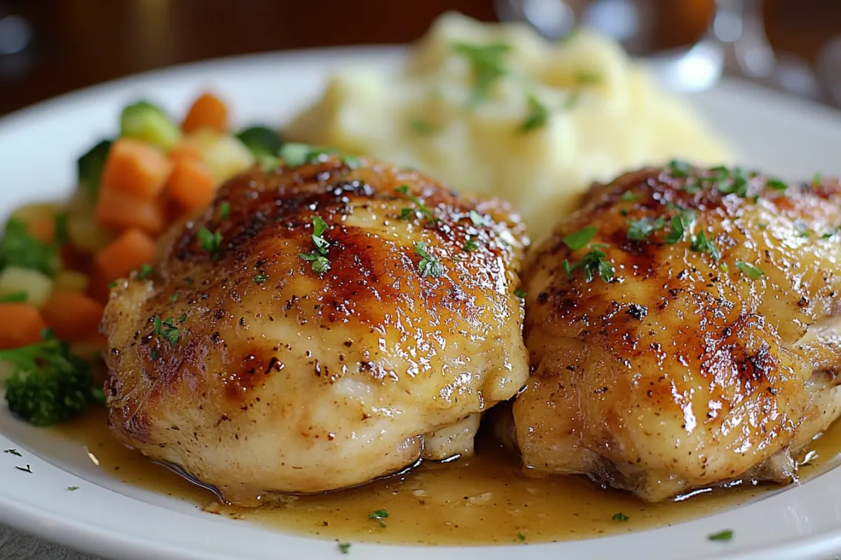 Plate of Steakhouse Garlic Butter Chicken garnished with herbs