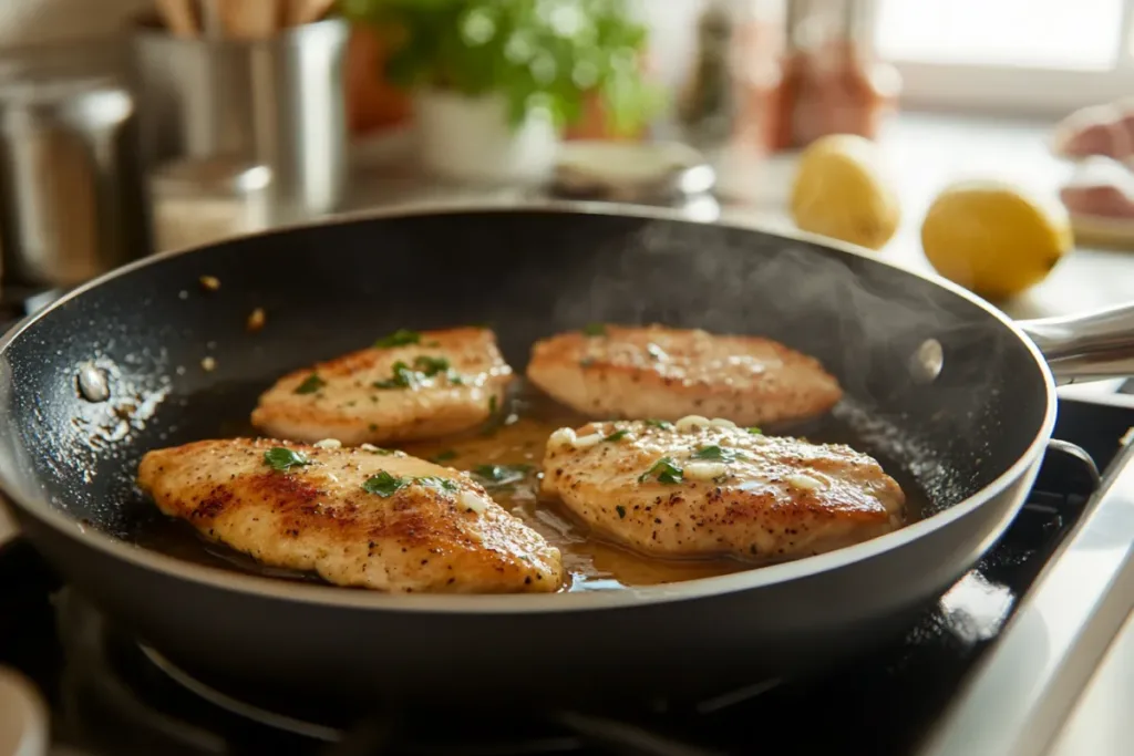 Plate of Steakhouse Garlic Butter Chicken garnished with herbs