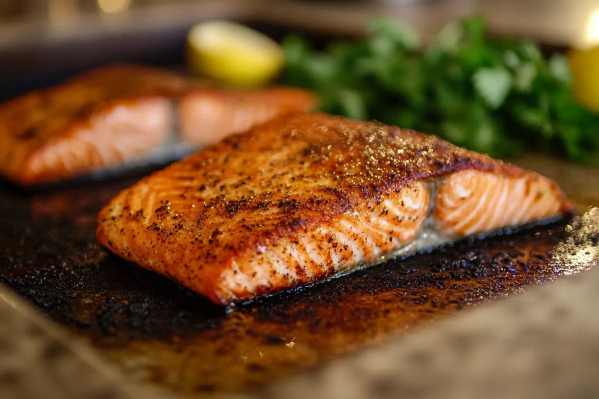 Perfectly grilled salmon fillets with crispy skin served with lemon slices