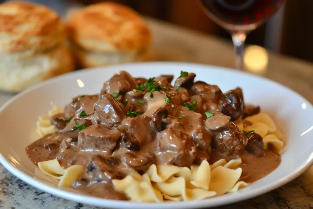 Beef Stroganoff with creamy sauce served over egg noodles